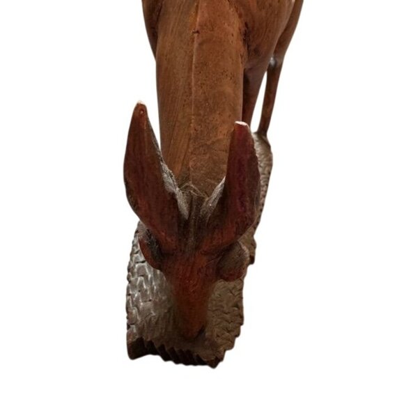 Hand-Carved Wooden Grazing Deer Figurine Sculpture - Picture 5 of 9